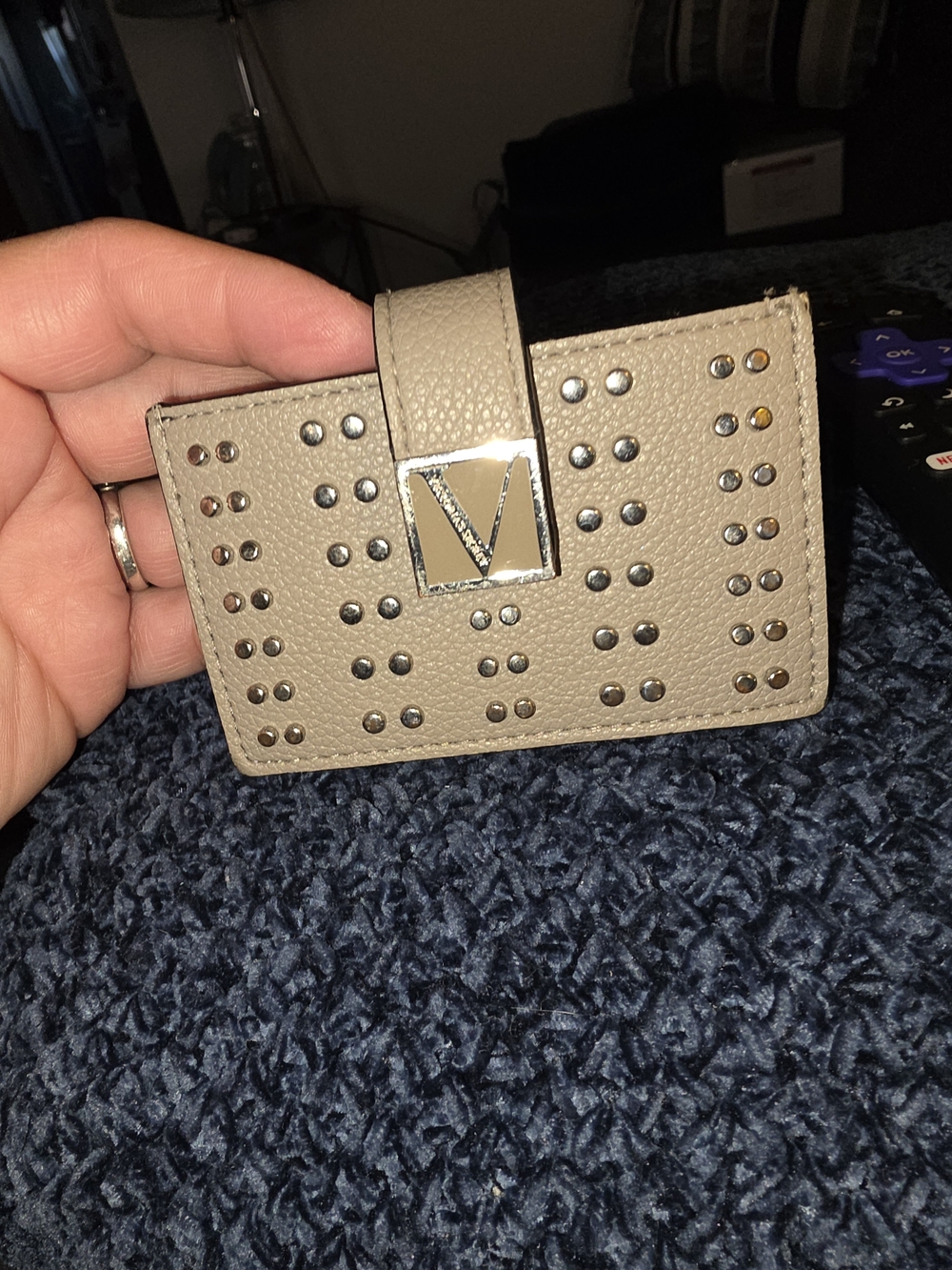 Studded Taupe Leather Card Case Wallet